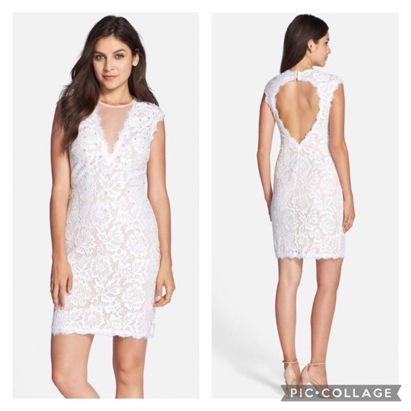 Betsy & Adam Dresses & Skirts - BETSY & ADAM | Sheath White Floral Lace Illusion Mini Dress Embellished Size 8